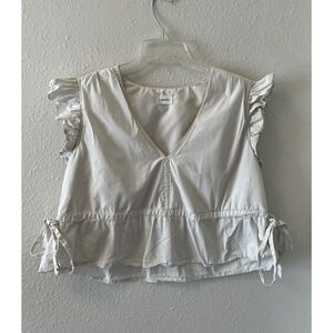 Aureum Women's Top Size Med Cream Ruffle Sleeve Side Ties V-Neck Boho Cottage